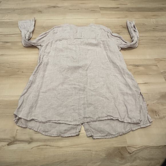 Tahari 1X Top Tunic Linen Button Down Long Sleeve Roll Tab Taupe Coastal Lagum - Picture 2 of 8